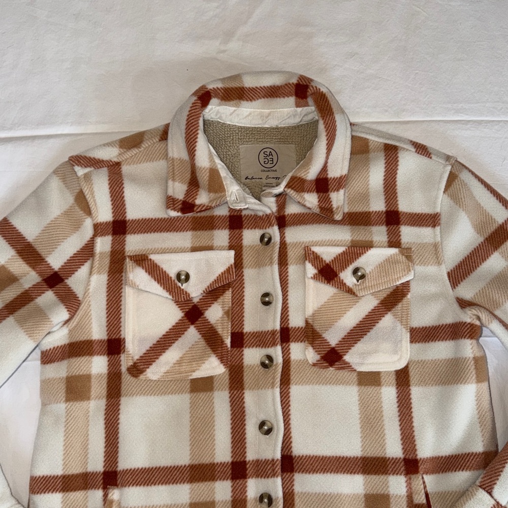 Women’s Sage Collective Fleece Shacket In Tan/Rust Combo Size Small - Picture 2 of 13